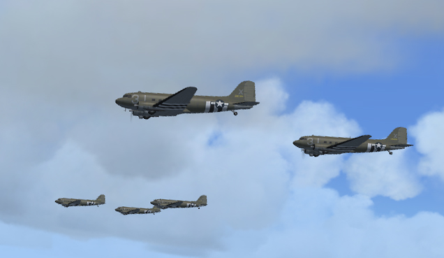 A formation of C-47 aircraft in the simulator